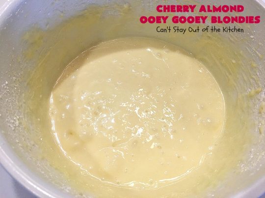 Cherry Almond Ooey Gooey Blondies | Can't Stay Out of the Kitchen | Best #cherry #dessert ever! These fabulous #cookies have a #cheesecake filling, topped with fresh #cherries & powdered sugar. They are absolutely heavenly. #almonds #cherrydessert #Canbassador #NorthwestCherryGrowers
