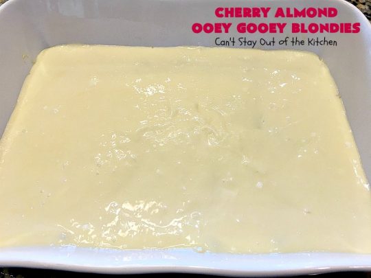 Cherry Almond Ooey Gooey Blondies | Can't Stay Out of the Kitchen | Best #cherry #dessert ever! These fabulous #cookies have a #cheesecake filling, topped with fresh #cherries & powdered sugar. They are absolutely heavenly. #almonds #cherrydessert #Canbassador #NorthwestCherryGrowers