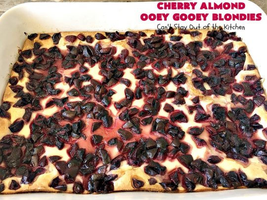 Cherry Almond Ooey Gooey Blondies | Can't Stay Out of the Kitchen | Best #cherry #dessert ever! These fabulous #cookies have a #cheesecake filling, topped with fresh #cherries & powdered sugar. They are absolutely heavenly. #almonds #cherrydessert #Canbassador #NorthwestCherryGrowers