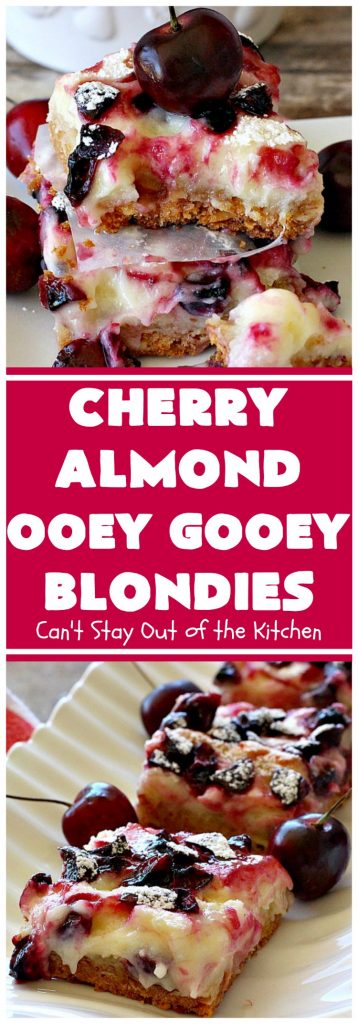 Cherry Almond Ooey Gooey Blondies | Can't Stay Out of the Kitchen | Best #cherry #dessert ever! These fabulous #cookies have a #cheesecake filling, topped with fresh #cherries & powdered sugar. They are absolutely heavenly. #almonds #cherrydessert #Canbassador #NorthwestCherryGrowers