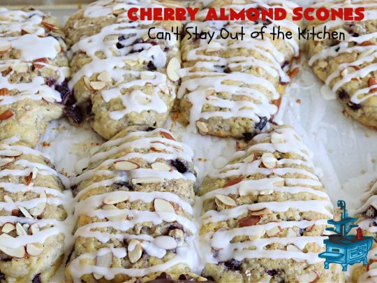 Cherry Almond Scones | Can't Stay Out of the Kitchen | #CherryAlmondScones are outrageously good & terrific for any kind of company or #holiday #breakfast like #Thanksgiving, #Christmas or #ValentinesDay. These #scones are filled with #cherries, #AlmondExtract & #almonds & glazed with a luscious #almond icing. Every bite will have you swooning! #HolidayBreakfast