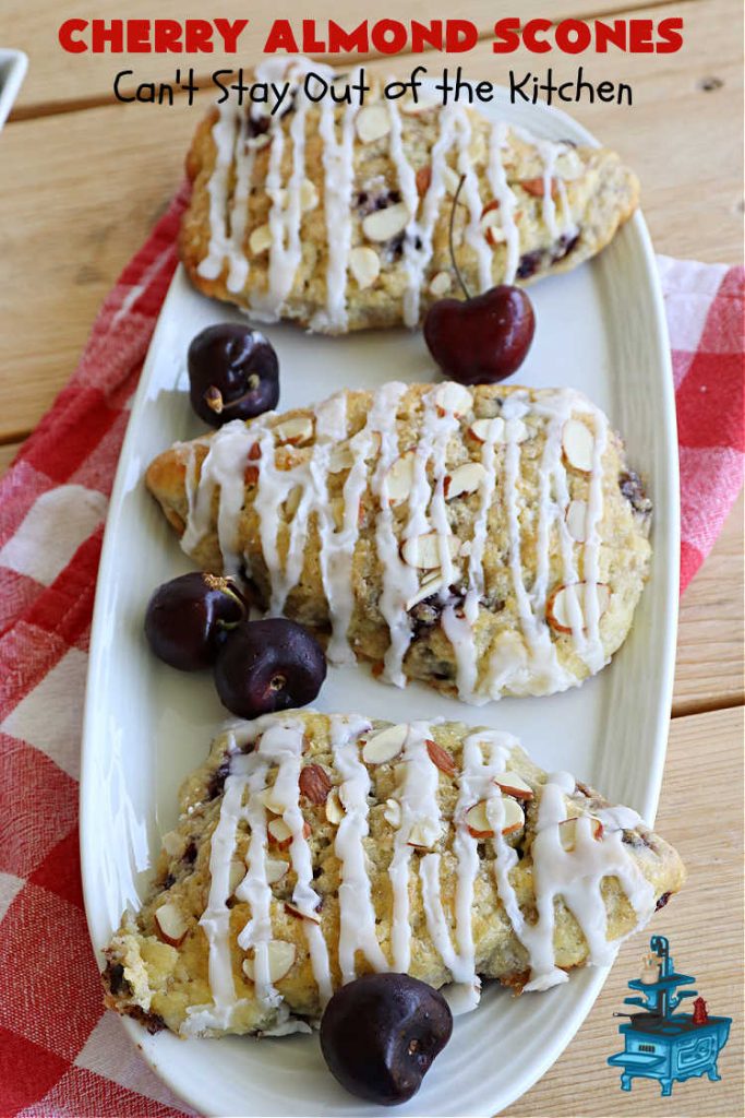 Cherry Almond Scones | Can't Stay Out of the Kitchen | #CherryAlmondScones are outrageously good & terrific for any kind of company or #holiday #breakfast like #Thanksgiving, #Christmas or #ValentinesDay. These #scones are filled with #cherries, #AlmondExtract & #almonds & glazed with a luscious #almond icing. Every bite will have you swooning! #HolidayBreakfast
