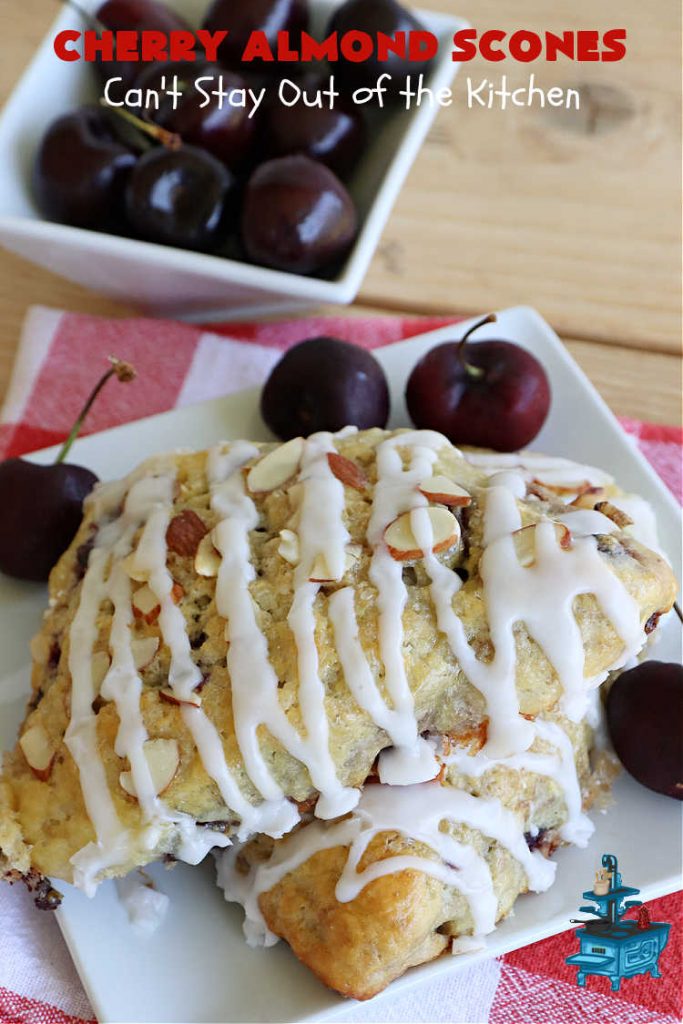 Cherry Almond Scones | Can't Stay Out of the Kitchen | #CherryAlmondScones are outrageously good & terrific for any kind of company or #holiday #breakfast like #Thanksgiving, #Christmas or #ValentinesDay. These #scones are filled with #cherries, #AlmondExtract & #almonds & glazed with a luscious #almond icing. Every bite will have you swooning! #HolidayBreakfast