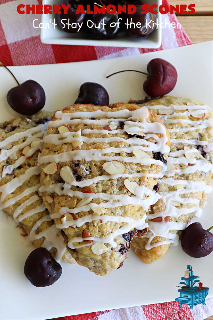 Cherry Almond Scones | Can't Stay Out of the Kitchen | #CherryAlmondScones are outrageously good & terrific for any kind of company or #holiday #breakfast like #Thanksgiving, #Christmas or #ValentinesDay. These #scones are filled with #cherries, #AlmondExtract & #almonds & glazed with a luscious #almond icing. Every bite will have you swooning! #HolidayBreakfast
