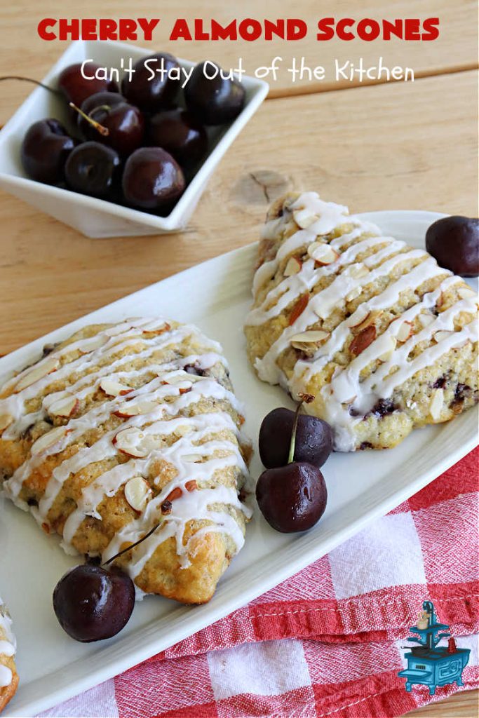 Cherry Almond Scones | Can't Stay Out of the Kitchen | #CherryAlmondScones are outrageously good & terrific for any kind of company or #holiday #breakfast like #Thanksgiving, #Christmas or #ValentinesDay. These #scones are filled with #cherries, #AlmondExtract & #almonds & glazed with a luscious #almond icing. Every bite will have you swooning! #HolidayBreakfast