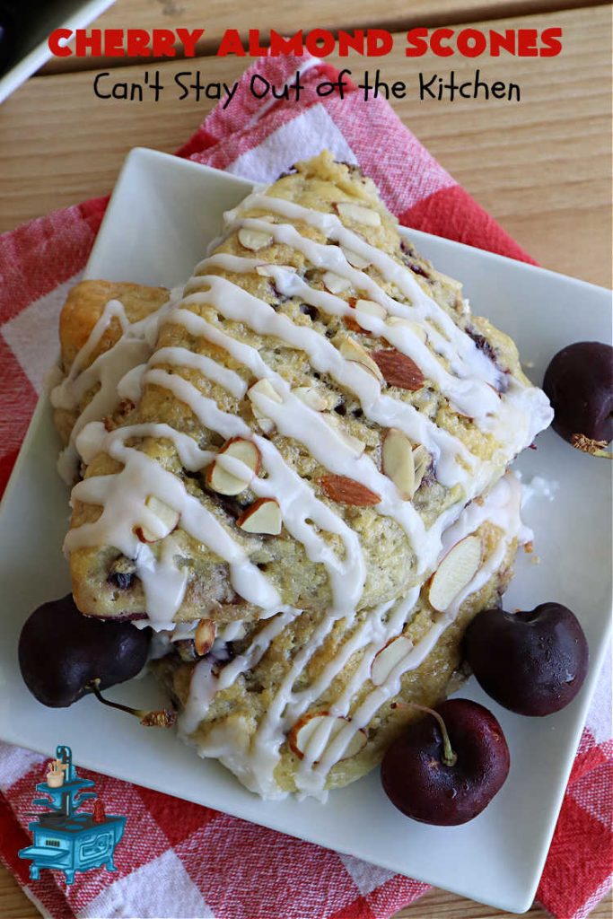 Cherry Almond Scones | Can't Stay Out of the Kitchen | #CherryAlmondScones are outrageously good & terrific for any kind of company or #holiday #breakfast like #Thanksgiving, #Christmas or #ValentinesDay. These #scones are filled with #cherries, #AlmondExtract & #almonds & glazed with a luscious #almond icing. Every bite will have you swooning! #HolidayBreakfast