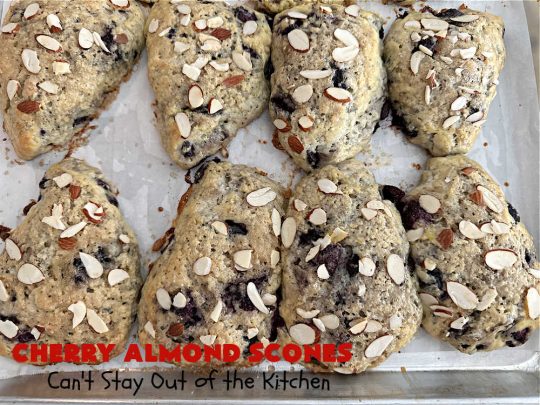 Cherry Almond Scones | Can't Stay Out of the Kitchen | #CherryAlmondScones are outrageously good & terrific for any kind of company or #holiday #breakfast like #Thanksgiving, #Christmas or #ValentinesDay. These #scones are filled with #cherries, #AlmondExtract & #almonds & glazed with a luscious #almond icing. Every bite will have you swooning! #HolidayBreakfast