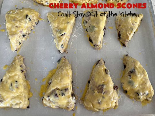 Cherry Almond Scones | Can't Stay Out of the Kitchen | #CherryAlmondScones are outrageously good & terrific for any kind of company or #holiday #breakfast like #Thanksgiving, #Christmas or #ValentinesDay. These #scones are filled with #cherries, #AlmondExtract & #almonds & glazed with a luscious #almond icing. Every bite will have you swooning! #HolidayBreakfast