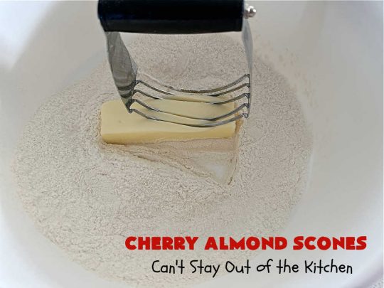 Cherry Almond Scones | Can't Stay Out of the Kitchen | #CherryAlmondScones are outrageously good & terrific for any kind of company or #holiday #breakfast like #Thanksgiving, #Christmas or #ValentinesDay. These #scones are filled with #cherries, #AlmondExtract & #almonds & glazed with a luscious #almond icing. Every bite will have you swooning! #HolidayBreakfast