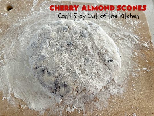Cherry Almond Scones | Can't Stay Out of the Kitchen | #CherryAlmondScones are outrageously good & terrific for any kind of company or #holiday #breakfast like #Thanksgiving, #Christmas or #ValentinesDay. These #scones are filled with #cherries, #AlmondExtract & #almonds & glazed with a luscious #almond icing. Every bite will have you swooning! #HolidayBreakfast
