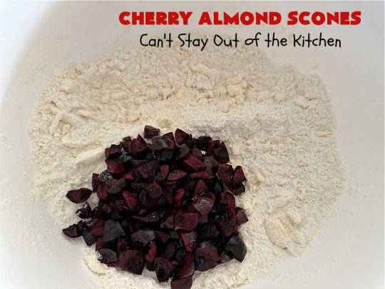 Cherry Almond Scones | Can't Stay Out of the Kitchen | #CherryAlmondScones are outrageously good & terrific for any kind of company or #holiday #breakfast like #Thanksgiving, #Christmas or #ValentinesDay. These #scones are filled with #cherries, #AlmondExtract & #almonds & glazed with a luscious #almond icing. Every bite will have you swooning! #HolidayBreakfast