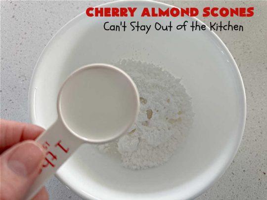 Cherry Almond Scones | Can't Stay Out of the Kitchen | #CherryAlmondScones are outrageously good & terrific for any kind of company or #holiday #breakfast like #Thanksgiving, #Christmas or #ValentinesDay. These #scones are filled with #cherries, #AlmondExtract & #almonds & glazed with a luscious #almond icing. Every bite will have you swooning! #HolidayBreakfast