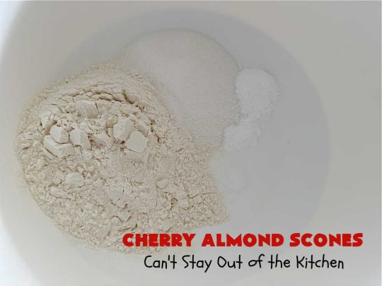 Cherry Almond Scones | Can't Stay Out of the Kitchen | #CherryAlmondScones are outrageously good & terrific for any kind of company or #holiday #breakfast like #Thanksgiving, #Christmas or #ValentinesDay. These #scones are filled with #cherries, #AlmondExtract & #almonds & glazed with a luscious #almond icing. Every bite will have you swooning! #HolidayBreakfast