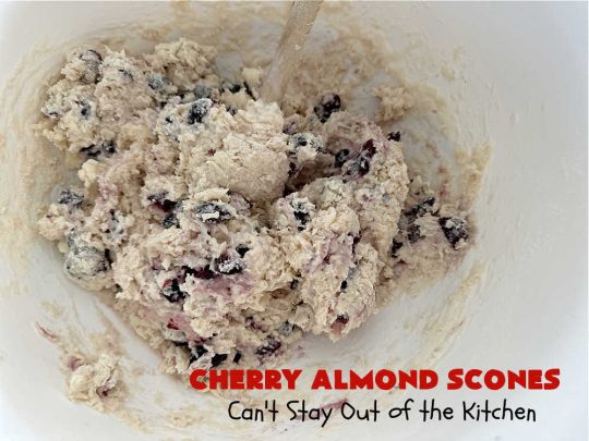 Cherry Almond Scones | Can't Stay Out of the Kitchen | #CherryAlmondScones are outrageously good & terrific for any kind of company or #holiday #breakfast like #Thanksgiving, #Christmas or #ValentinesDay. These #scones are filled with #cherries, #AlmondExtract & #almonds & glazed with a luscious #almond icing. Every bite will have you swooning! #HolidayBreakfast