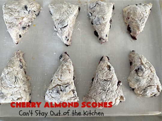 Cherry Almond Scones | Can't Stay Out of the Kitchen | #CherryAlmondScones are outrageously good & terrific for any kind of company or #holiday #breakfast like #Thanksgiving, #Christmas or #ValentinesDay. These #scones are filled with #cherries, #AlmondExtract & #almonds & glazed with a luscious #almond icing. Every bite will have you swooning! #HolidayBreakfast