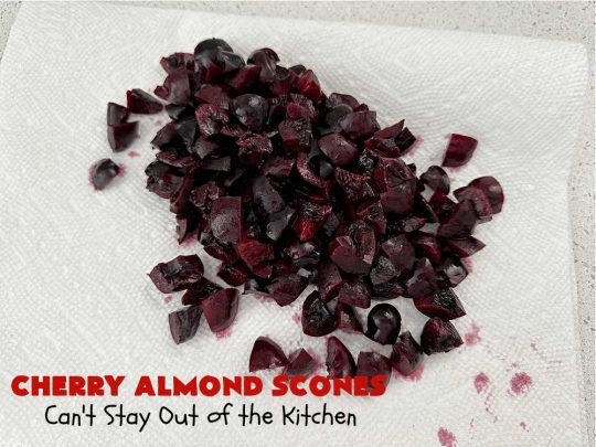 Cherry Almond Scones | Can't Stay Out of the Kitchen | #CherryAlmondScones are outrageously good & terrific for any kind of company or #holiday #breakfast like #Thanksgiving, #Christmas or #ValentinesDay. These #scones are filled with #cherries, #AlmondExtract & #almonds & glazed with a luscious #almond icing. Every bite will have you swooning! #HolidayBreakfast