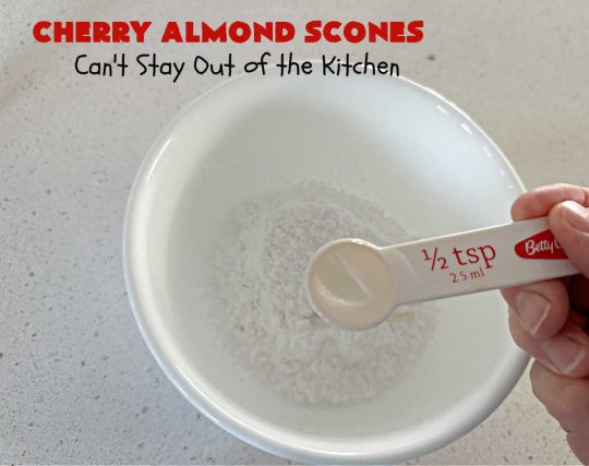 Cherry Almond Scones | Can't Stay Out of the Kitchen | #CherryAlmondScones are outrageously good & terrific for any kind of company or #holiday #breakfast like #Thanksgiving, #Christmas or #ValentinesDay. These #scones are filled with #cherries, #AlmondExtract & #almonds & glazed with a luscious #almond icing. Every bite will have you swooning! #HolidayBreakfast