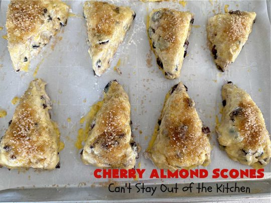 Cherry Almond Scones | Can't Stay Out of the Kitchen | #CherryAlmondScones are outrageously good & terrific for any kind of company or #holiday #breakfast like #Thanksgiving, #Christmas or #ValentinesDay. These #scones are filled with #cherries, #AlmondExtract & #almonds & glazed with a luscious #almond icing. Every bite will have you swooning! #HolidayBreakfast