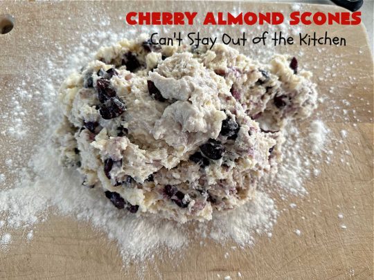 Cherry Almond Scones | Can't Stay Out of the Kitchen | #CherryAlmondScones are outrageously good & terrific for any kind of company or #holiday #breakfast like #Thanksgiving, #Christmas or #ValentinesDay. These #scones are filled with #cherries, #AlmondExtract & #almonds & glazed with a luscious #almond icing. Every bite will have you swooning! #HolidayBreakfast