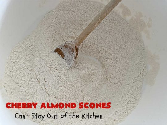Cherry Almond Scones | Can't Stay Out of the Kitchen | #CherryAlmondScones are outrageously good & terrific for any kind of company or #holiday #breakfast like #Thanksgiving, #Christmas or #ValentinesDay. These #scones are filled with #cherries, #AlmondExtract & #almonds & glazed with a luscious #almond icing. Every bite will have you swooning! #HolidayBreakfast