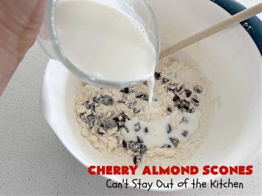 Cherry Almond Scones | Can't Stay Out of the Kitchen | #CherryAlmondScones are outrageously good & terrific for any kind of company or #holiday #breakfast like #Thanksgiving, #Christmas or #ValentinesDay. These #scones are filled with #cherries, #AlmondExtract & #almonds & glazed with a luscious #almond icing. Every bite will have you swooning! #HolidayBreakfast