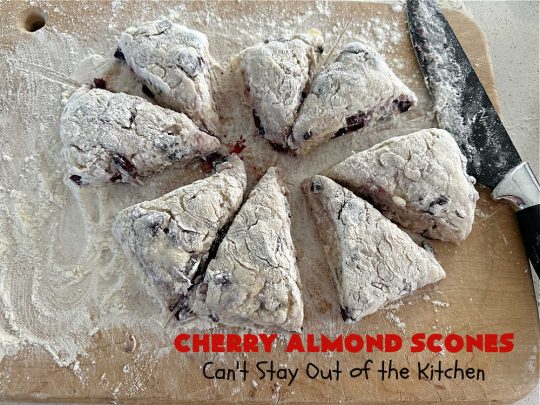 Cherry Almond Scones | Can't Stay Out of the Kitchen | #CherryAlmondScones are outrageously good & terrific for any kind of company or #holiday #breakfast like #Thanksgiving, #Christmas or #ValentinesDay. These #scones are filled with #cherries, #AlmondExtract & #almonds & glazed with a luscious #almond icing. Every bite will have you swooning! #HolidayBreakfast