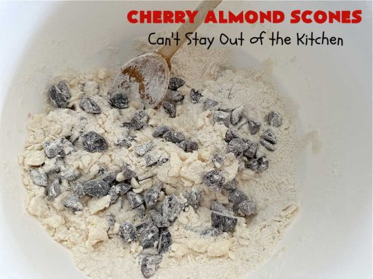 Cherry Almond Scones | Can't Stay Out of the Kitchen | #CherryAlmondScones are outrageously good & terrific for any kind of company or #holiday #breakfast like #Thanksgiving, #Christmas or #ValentinesDay. These #scones are filled with #cherries, #AlmondExtract & #almonds & glazed with a luscious #almond icing. Every bite will have you swooning! #HolidayBreakfast