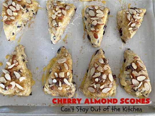 Cherry Almond Scones | Can't Stay Out of the Kitchen | #CherryAlmondScones are outrageously good & terrific for any kind of company or #holiday #breakfast like #Thanksgiving, #Christmas or #ValentinesDay. These #scones are filled with #cherries, #AlmondExtract & #almonds & glazed with a luscious #almond icing. Every bite will have you swooning! #HolidayBreakfast