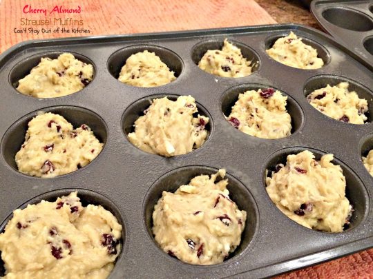 Cherry Almond Streusel Muffins | Can't Stay Out of the Kitchen | rich and decadent, these #breakfast #muffins are sweet enough for #dessert! #cherries #almonds #greekyogurt