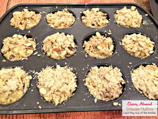 Cherry Almond Streusel Muffins | Can't Stay Out of the Kitchen | rich and decadent, these #breakfast #muffins are sweet enough for #dessert! #cherries #almonds #greekyogurt