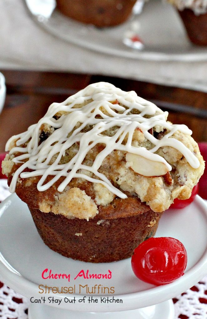 Cherry Almond Streusel Muffins | Can't Stay Out of the Kitchen | rich and decadent, these #breakfast #muffins are sweet enough for #dessert! #cherries #almonds #greekyogurt