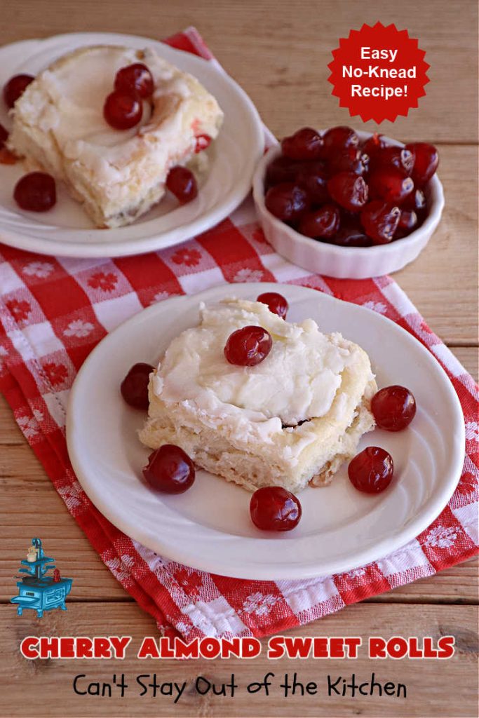 Cherry Almond Sweet Rolls | Can't Stay Out of the Kitchen | these fantastic #SweetRolls are kneaded in the #breadmaker, making them so, so easy to whip up for your family & friends. #Cherries & #almonds make these mouthwatering sweet rolls absolutely drool-worthy! Perfect for #ValentinesDay, #holidays or anytime you're serving #breakfast or #brunch. #CinnamonRolls #ValentinesDayBreakfast #NoKneadRecipe! #NoKneadSweetRolls #CherryAlmondSweetRolls