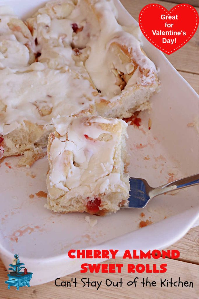 Cherry Almond Sweet Rolls | Can't Stay Out of the Kitchen | these fantastic #SweetRolls are kneaded in the #breadmaker, making them so, so easy to whip up for your family & friends. #Cherries & #almonds make these mouthwatering sweet rolls absolutely drool-worthy! Perfect for #ValentinesDay, #holidays or anytime you're serving #breakfast or #brunch. #CinnamonRolls #ValentinesDayBreakfast #NoKneadRecipe! #NoKneadSweetRolls #CherryAlmondSweetRolls