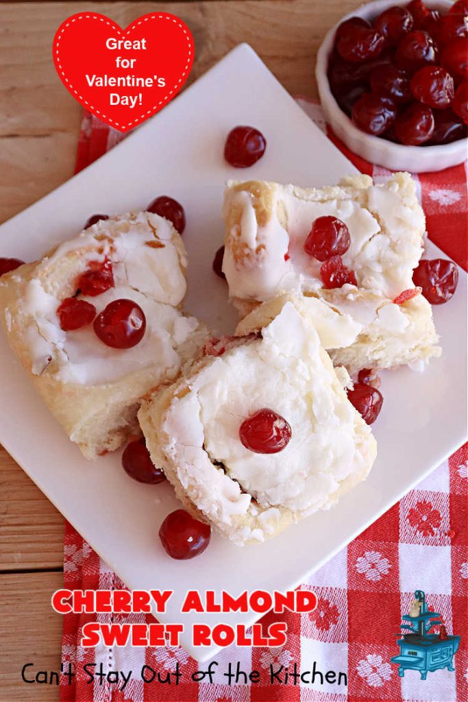 Cherry Almond Sweet Rolls | Can't Stay Out of the Kitchen | these fantastic #SweetRolls are kneaded in the #breadmaker, making them so, so easy to whip up for your family & friends. #Cherries & #almonds make these mouthwatering sweet rolls absolutely drool-worthy! Perfect for #ValentinesDay, #holidays or anytime you're serving #breakfast or #brunch. #CinnamonRolls #ValentinesDayBreakfast #NoKneadRecipe! #NoKneadSweetRolls #CherryAlmondSweetRolls