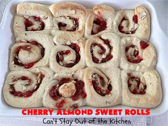 Cherry Almond Sweet Rolls | Can't Stay Out of the Kitchen | these fantastic #SweetRolls are kneaded in the #breadmaker, making them so, so easy to whip up for your family & friends. #Cherries & #almonds make these mouthwatering sweet rolls absolutely drool-worthy! Perfect for #ValentinesDay, #holidays or anytime you're serving #breakfast or #brunch. #CinnamonRolls #ValentinesDayBreakfast #NoKneadRecipe! #NoKneadSweetRolls #CherryAlmondSweetRolls