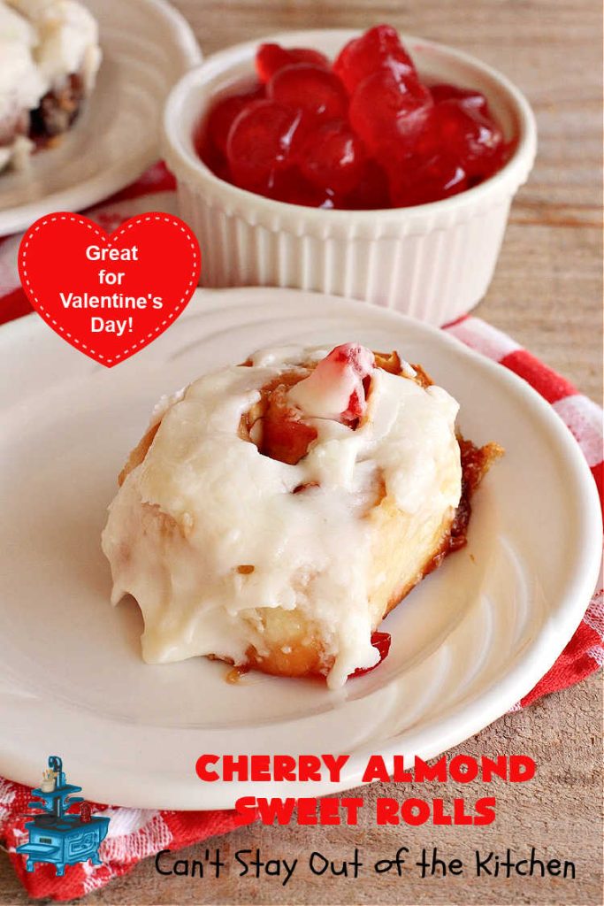 Cherry Almond Sweet Rolls | Can't Stay Out of the Kitchen | these fantastic #SweetRolls are kneaded in the #breadmaker, making them so, so easy to whip up for your family & friends. #Cherries & #almonds make these mouthwatering sweet rolls absolutely drool-worthy! Perfect for #ValentinesDay, #holidays or anytime you're serving #breakfast or #brunch. #CinnamonRolls #ValentinesDayBreakfast #NoKneadRecipe! #NoKneadSweetRolls #CherryAlmondSweetRolls