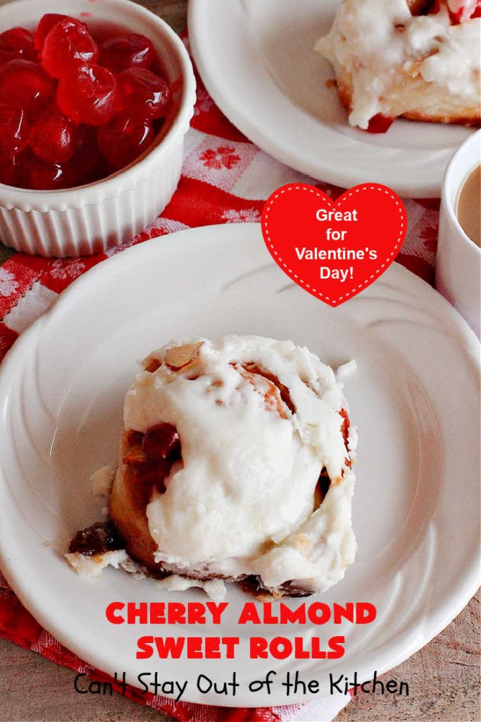 Cherry Almond Sweet Rolls | Can't Stay Out of the Kitchen | these fantastic #SweetRolls are kneaded in the #breadmaker, making them so, so easy to whip up for your family & friends. #Cherries & #almonds make these mouthwatering sweet rolls absolutely drool-worthy! Perfect for #ValentinesDay, #holidays or anytime you're serving #breakfast or #brunch. #CinnamonRolls #ValentinesDayBreakfast #NoKneadRecipe! #NoKneadSweetRolls #CherryAlmondSweetRolls