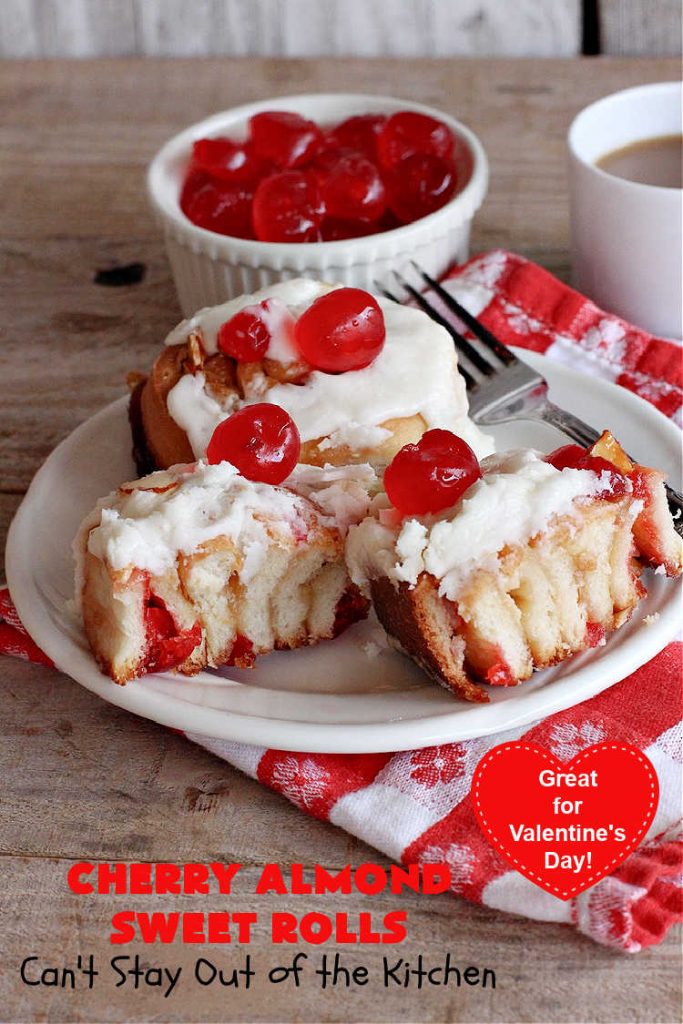 Cherry Almond Sweet Rolls | Can't Stay Out of the Kitchen | these fantastic #SweetRolls are kneaded in the #breadmaker, making them so, so easy to whip up for your family & friends. #Cherries & #almonds make these mouthwatering sweet rolls absolutely drool-worthy! Perfect for #ValentinesDay, #holidays or anytime you're serving #breakfast or #brunch. #CinnamonRolls #ValentinesDayBreakfast #NoKneadRecipe! #NoKneadSweetRolls #CherryAlmondSweetRolls
