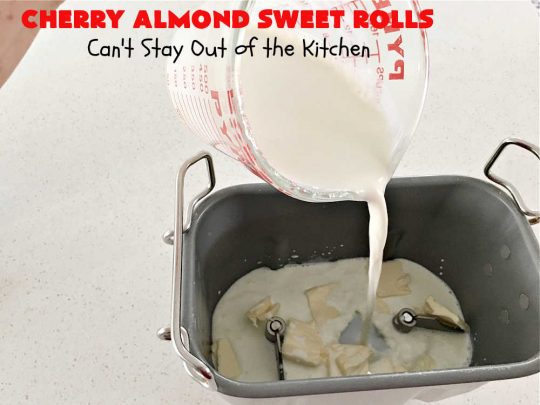 Cherry Almond Sweet Rolls | Can't Stay Out of the Kitchen | these fantastic #SweetRolls are kneaded in the #breadmaker, making them so, so easy to whip up for your family & friends. #Cherries & #almonds make these mouthwatering sweet rolls absolutely drool-worthy! Perfect for #ValentinesDay, #holidays or anytime you're serving #breakfast or #brunch. #CinnamonRolls #ValentinesDayBreakfast #NoKneadRecipe! #NoKneadSweetRolls #CherryAlmondSweetRolls