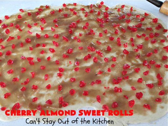 Cherry Almond Sweet Rolls | Can't Stay Out of the Kitchen | these fantastic #SweetRolls are kneaded in the #breadmaker, making them so, so easy to whip up for your family & friends. #Cherries & #almonds make these mouthwatering sweet rolls absolutely drool-worthy! Perfect for #ValentinesDay, #holidays or anytime you're serving #breakfast or #brunch. #CinnamonRolls #ValentinesDayBreakfast #NoKneadRecipe! #NoKneadSweetRolls #CherryAlmondSweetRolls
