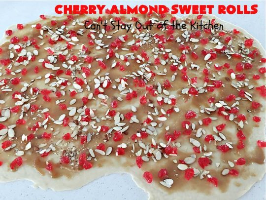 Cherry Almond Sweet Rolls | Can't Stay Out of the Kitchen | these fantastic #SweetRolls are kneaded in the #breadmaker, making them so, so easy to whip up for your family & friends. #Cherries & #almonds make these mouthwatering sweet rolls absolutely drool-worthy! Perfect for #ValentinesDay, #holidays or anytime you're serving #breakfast or #brunch. #CinnamonRolls #ValentinesDayBreakfast #NoKneadRecipe! #NoKneadSweetRolls #CherryAlmondSweetRolls