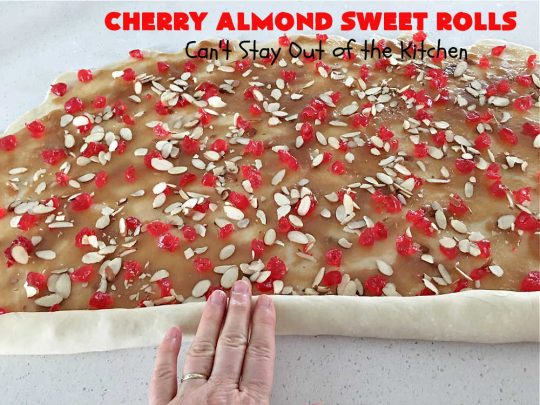 Cherry Almond Sweet Rolls | Can't Stay Out of the Kitchen | these fantastic #SweetRolls are kneaded in the #breadmaker, making them so, so easy to whip up for your family & friends. #Cherries & #almonds make these mouthwatering sweet rolls absolutely drool-worthy! Perfect for #ValentinesDay, #holidays or anytime you're serving #breakfast or #brunch. #CinnamonRolls #ValentinesDayBreakfast #NoKneadRecipe! #NoKneadSweetRolls #CherryAlmondSweetRolls