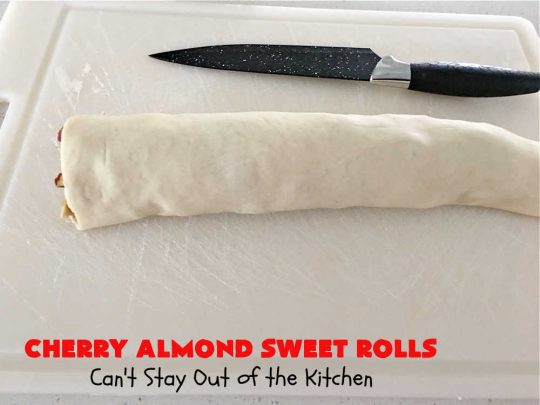 Cherry Almond Sweet Rolls | Can't Stay Out of the Kitchen | these fantastic #SweetRolls are kneaded in the #breadmaker, making them so, so easy to whip up for your family & friends. #Cherries & #almonds make these mouthwatering sweet rolls absolutely drool-worthy! Perfect for #ValentinesDay, #holidays or anytime you're serving #breakfast or #brunch. #CinnamonRolls #ValentinesDayBreakfast #NoKneadRecipe! #NoKneadSweetRolls #CherryAlmondSweetRolls