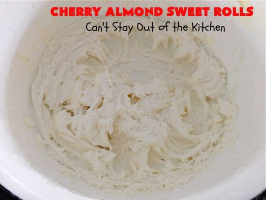 Cherry Almond Sweet Rolls | Can't Stay Out of the Kitchen | these fantastic #SweetRolls are kneaded in the #breadmaker, making them so, so easy to whip up for your family & friends. #Cherries & #almonds make these mouthwatering sweet rolls absolutely drool-worthy! Perfect for #ValentinesDay, #holidays or anytime you're serving #breakfast or #brunch. #CinnamonRolls #ValentinesDayBreakfast #NoKneadRecipe! #NoKneadSweetRolls #CherryAlmondSweetRolls