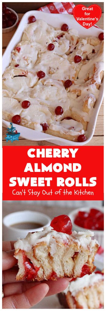 Cherry Almond Sweet Rolls | Can't Stay Out of the Kitchen | these fantastic #SweetRolls are kneaded in the #breadmaker, making them so, so easy to whip up for your family & friends. #Cherries & #almonds make these mouthwatering sweet rolls absolutely drool-worthy! Perfect for #ValentinesDay, #holidays or anytime you're serving #breakfast or #brunch. #CinnamonRolls #ValentinesDayBreakfast #NoKneadRecipe! #NoKneadSweetRolls #CherryAlmondSweetRolls