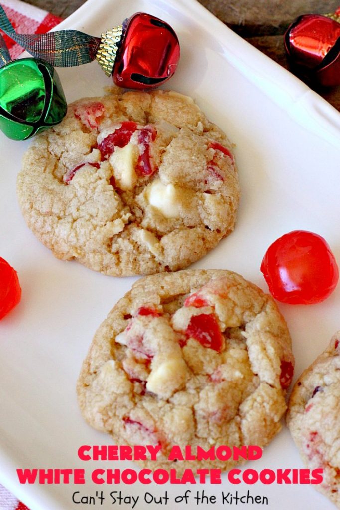 Cherry Almond White Chocolate Cookies | Can't Stay Out of the Kitchen | these terrific #cookies are perfect for the #holidays. They're festive & beautiful along with being so scrumptious. #cherries #almonds #chocolate #dessert