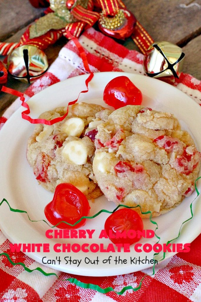 Cherry Almond White Chocolate Cookies | Can't Stay Out of the Kitchen | these terrific #cookies are perfect for the #holidays. They're festive & beautiful along with being so scrumptious. #cherries #almonds #chocolate #dessert