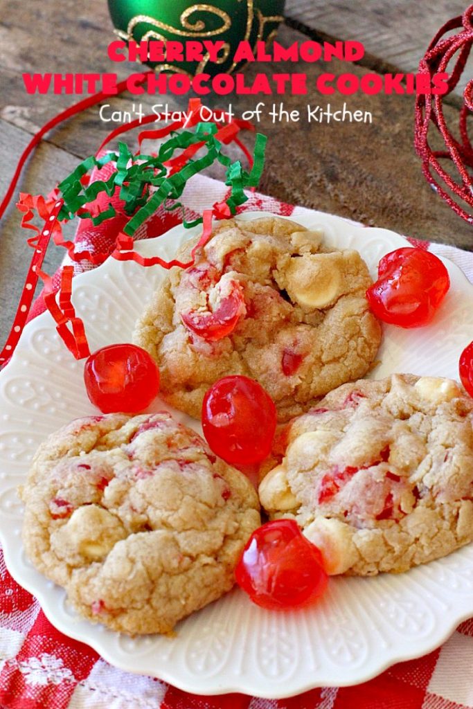 Cherry Almond White Chocolate Cookies | Can't Stay Out of the Kitchen | these terrific #cookies are perfect for the #holidays. They're festive & beautiful along with being so scrumptious. #cherries #almonds #chocolate #dessert