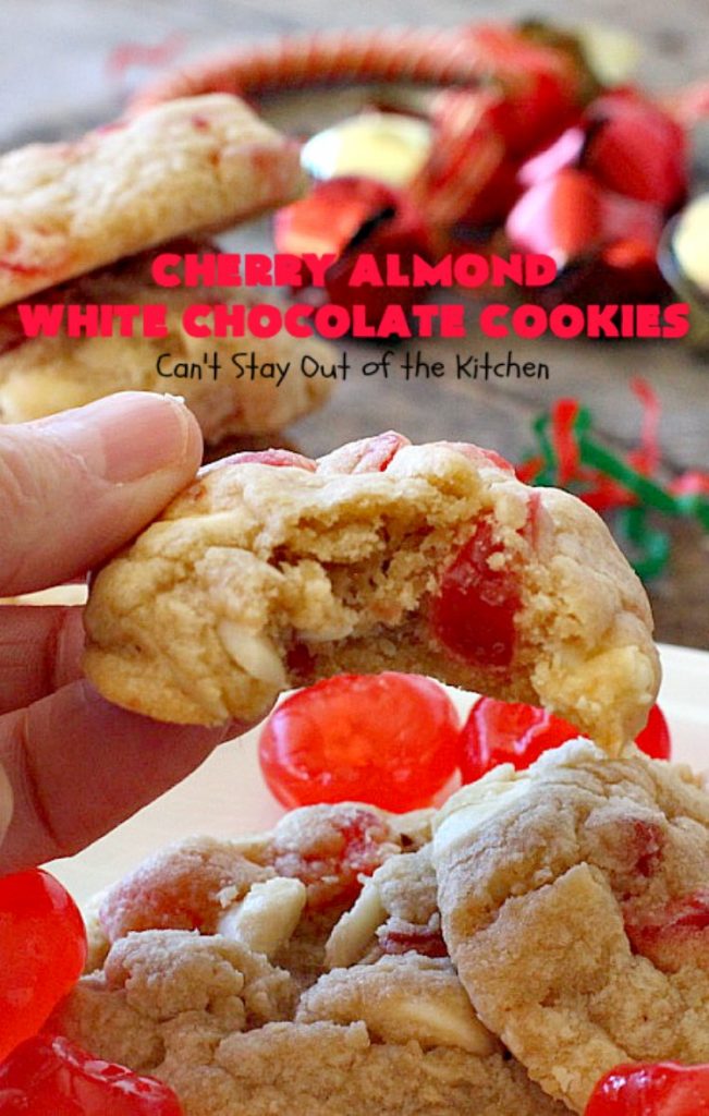 Cherry Almond White Chocolate Cookies | Can't Stay Out of the Kitchen | these terrific #cookies are perfect for the #holidays. They're festive & beautiful along with being so scrumptious. #cherries #almonds #chocolate #dessert