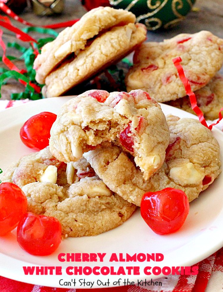 Cherry Almond White Chocolate Cookies | Can't Stay Out of the Kitchen | these terrific #cookies are perfect for the #holidays. They're festive & beautiful along with being so scrumptious. #cherries #almonds #chocolate #dessert